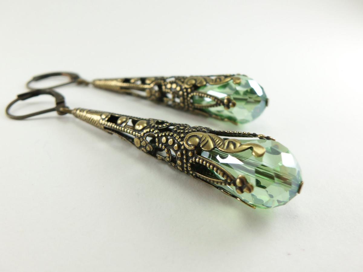 Peridot Green Earrings Long Dangle Earrings Brass Jewelry August Birthstone