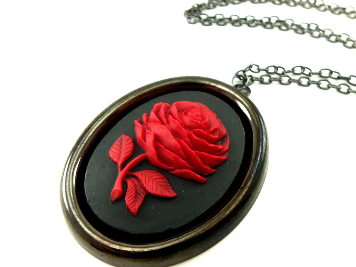 Large Rose Cameo Necklace Victorian Jewelry Red Rose Pendant Dark Silver Gothic Necklace Black Rose
