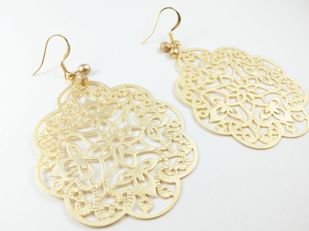 Gold Filigree Earrings Boho Chic Large Statement Jewelry Bold Metal