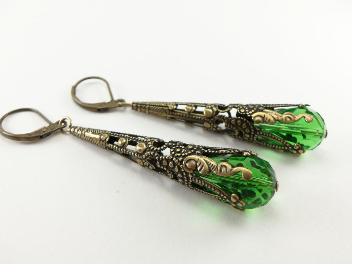 Green Earrings Victorian Style Steampunk Earrings Antiqued Brass
