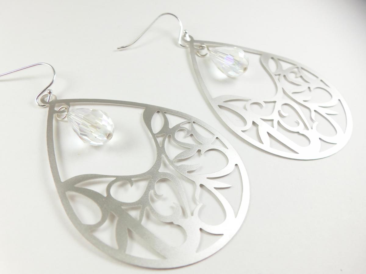 Clear Crystal Jewelry Teardrop Earrings Silver Dangle Earrings Teardrop Filigree