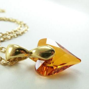 Gold Heart Necklace Gold Jewelry Orange Necklace..
