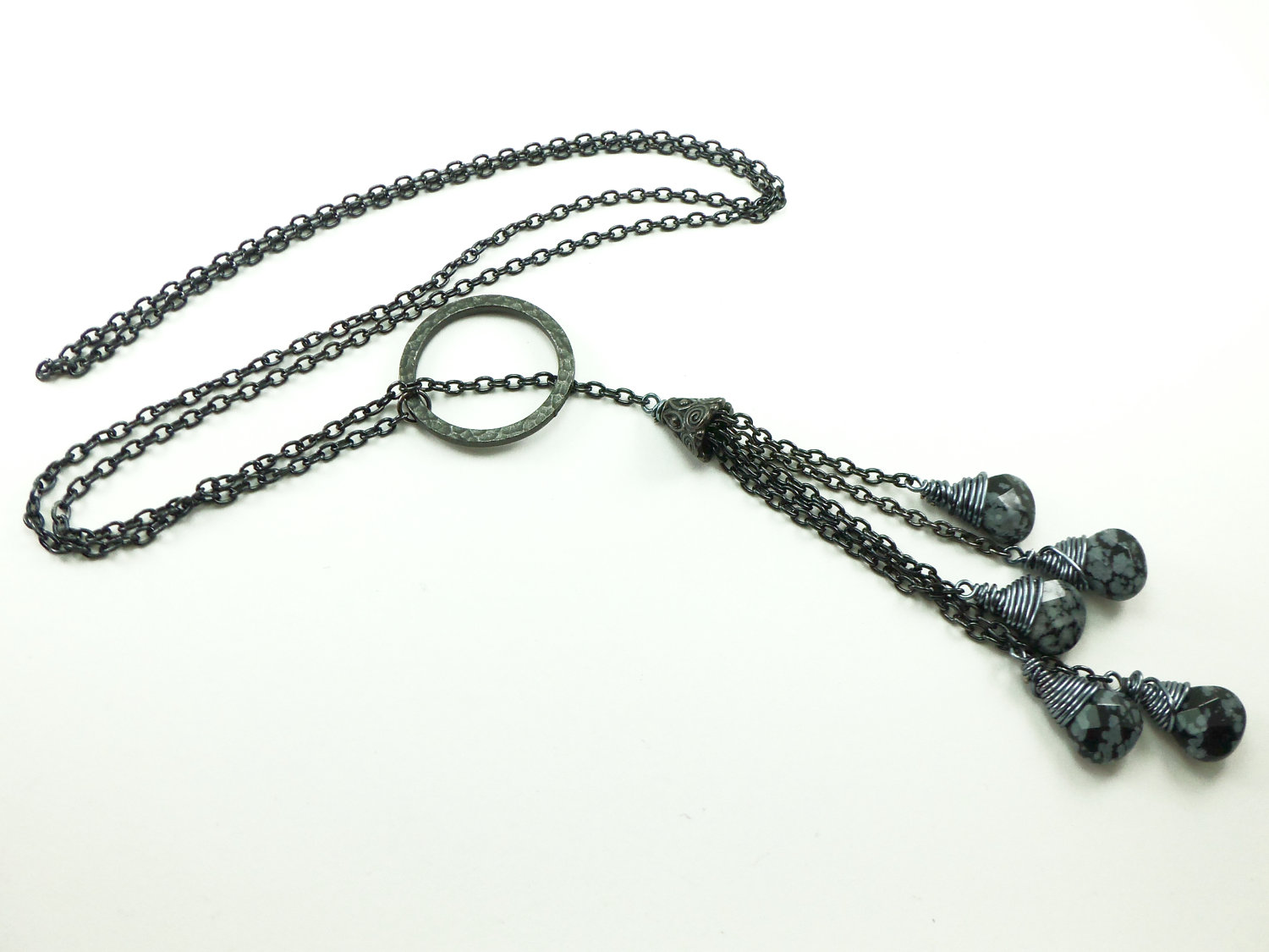 Long Necklace Lariat Dark Silver Jewelry Gun Metal Jewelry Obsidian ...